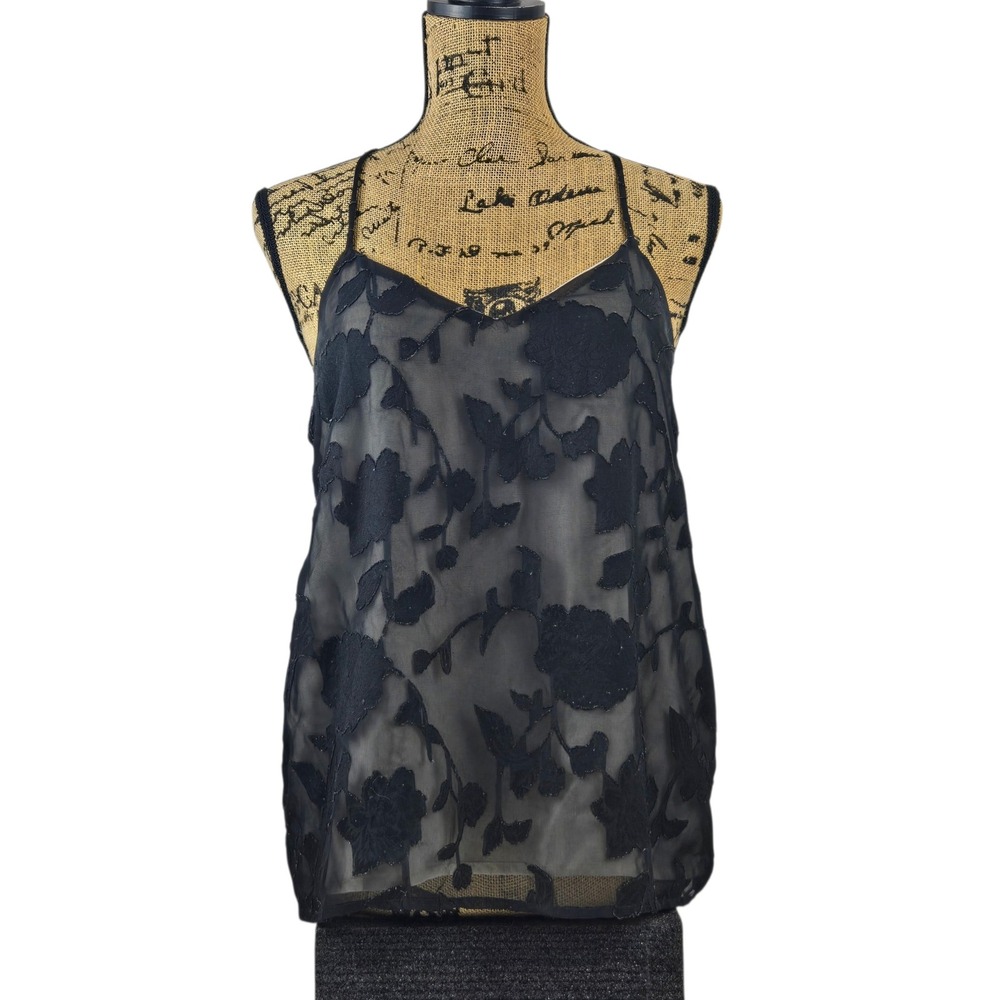 HYPR Black Floral Camisole Top Sheer Racerback V-Neck Small spaghetti straps Y2K